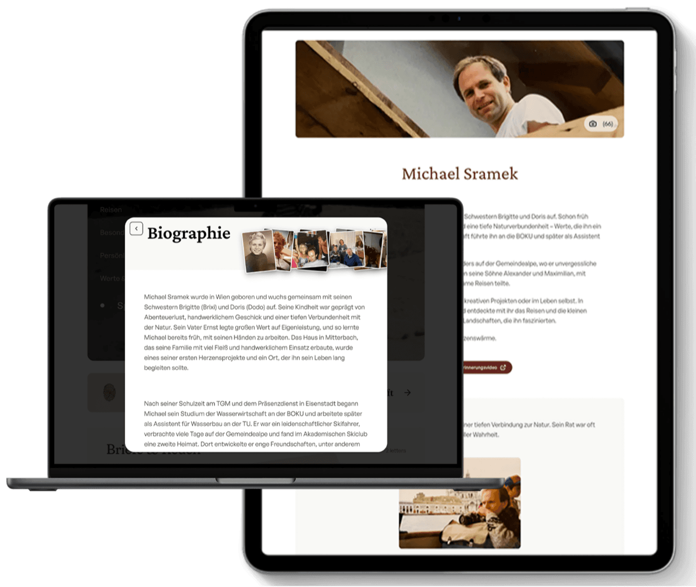 A Willow biography displayed on tablet and laptop showing the full biography layout