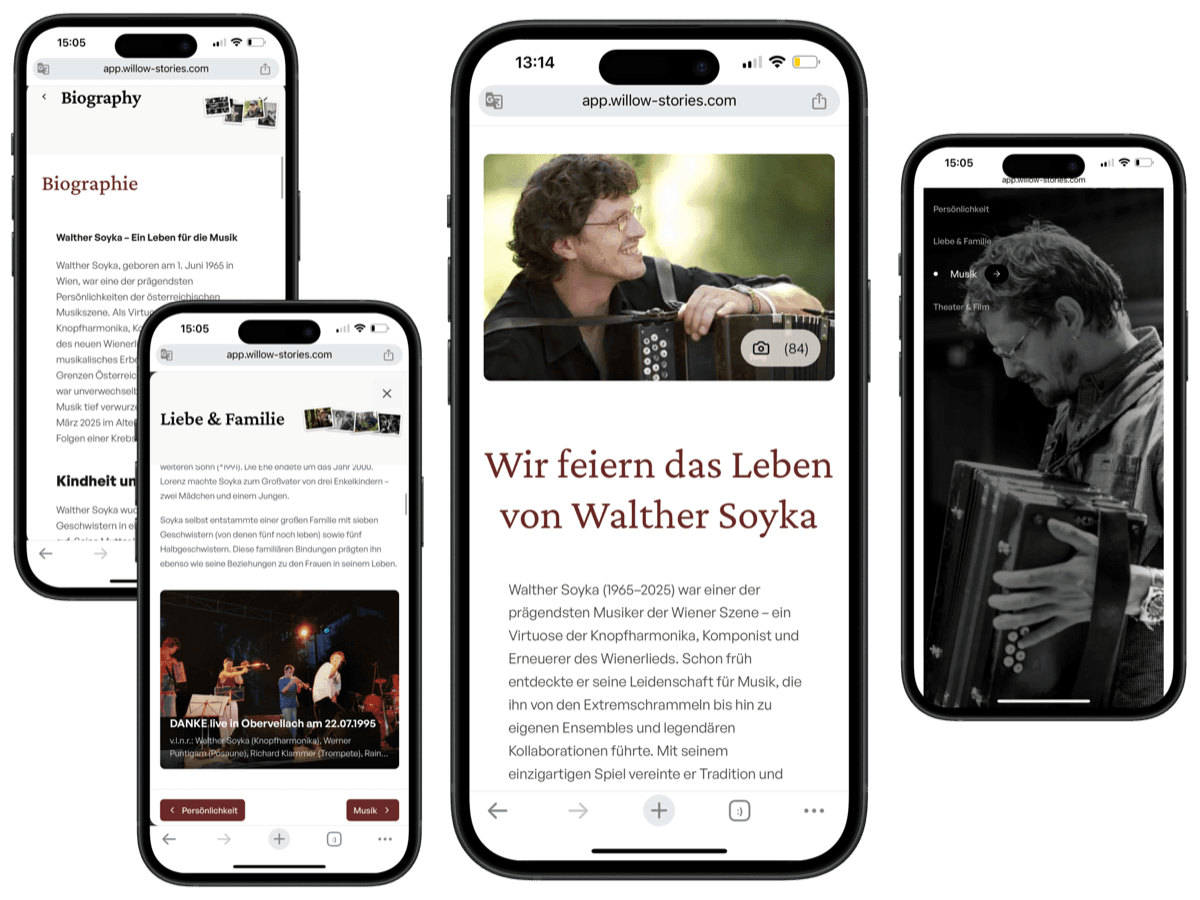 A Willow biography shown on four phone screens – featuring chapters, photos, and a life story